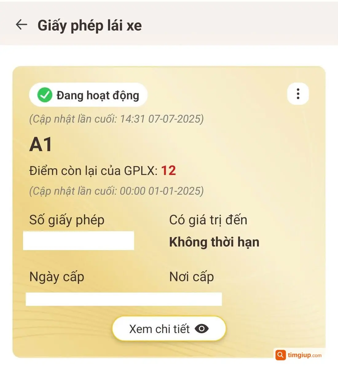 Màn hình Giấy phép lái xe trong ứng dụng VNeID hiển thị hạng A1 đang hoạt động, điểm còn lại 12, số giấy phép và ngày cấp đã được che