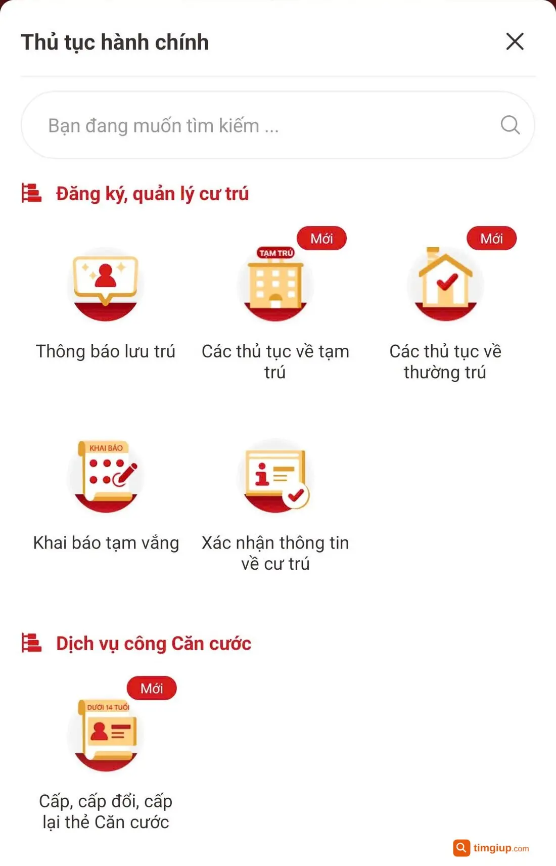 Màn hình Thủ tục hành chính trong ứng dụng VNeID, nhóm Đăng ký quản lý cư trú có mục Xác nhận thông tin về cư trú