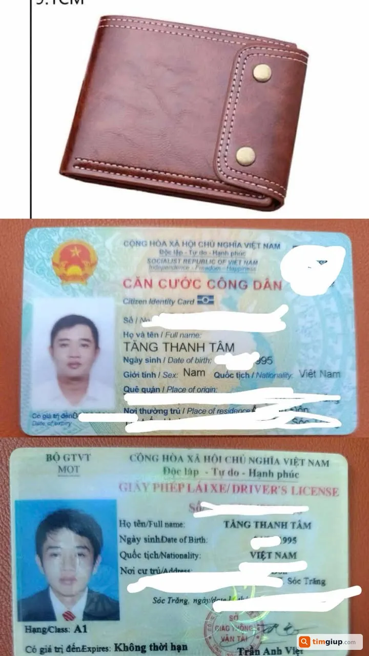 Tìm ví da chứa giấy tờ tùy thân tên Tăng Thanh Tâm tại TP.HCM