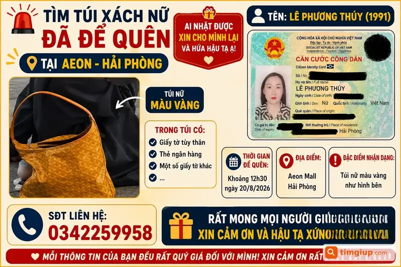 Túi Xách Nữ Màu Vàng Để Quên Tại Aeon Hải Phòng