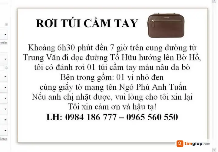 Tìm túi giấy tờ cá nhân rơi tại Hà Nội ngày 05/05
