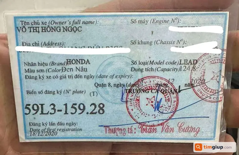 Tìm cavet xe máy tên Võ Thị Hồng Ngọc tại TP. Hồ Chí Minh