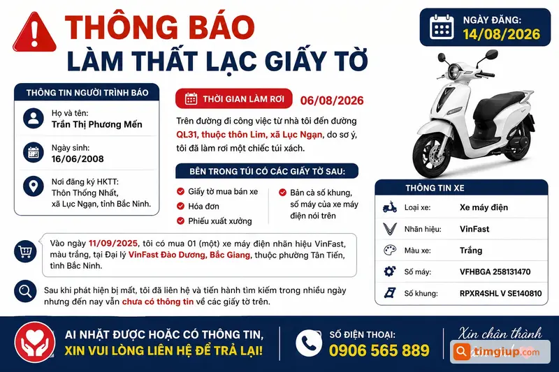 Mất Giấy Tờ Xe Máy Vinfast Màu Trắng (phiếu Kiểm Tra Chất Lượng Xuất Xưởng)