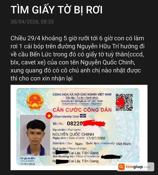 Tìm giấy tờ Nguyễn Quốc Chinh ở Bình Chánh - Bến Lức, Tiền Giang