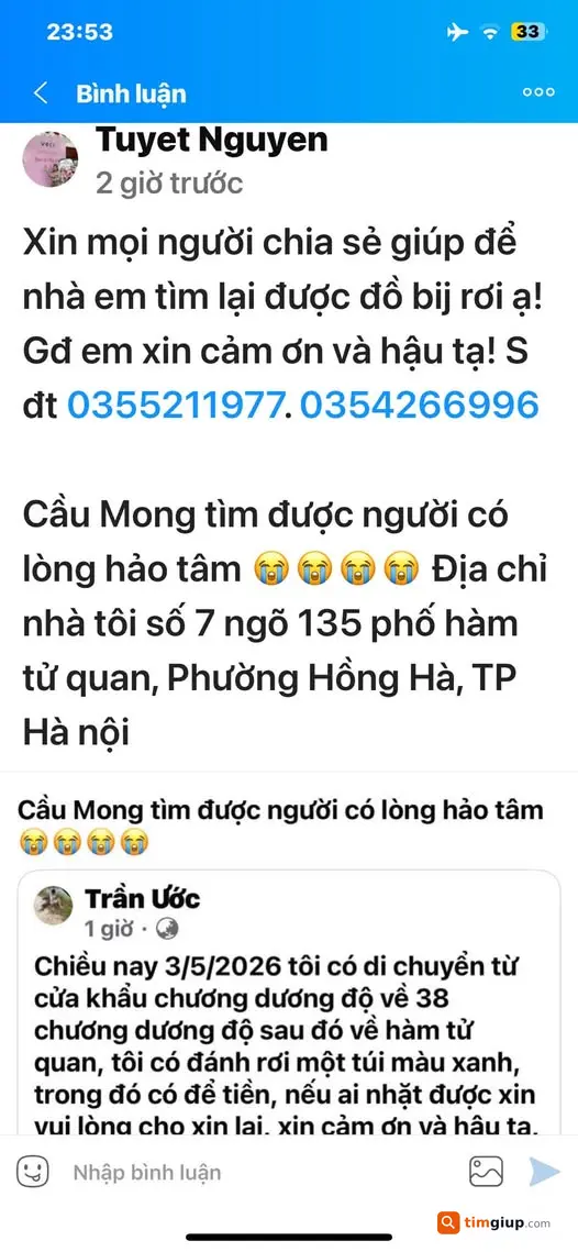 Nhận lại túi màu xanh thất lạc khu Hàm Tử Quan, Hà Nội