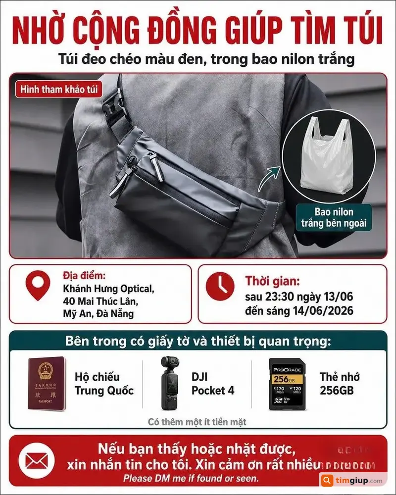 Tìm ví/túi xách màu đen chứa hộ chiếu Trung Quốc tại Đà Nẵng