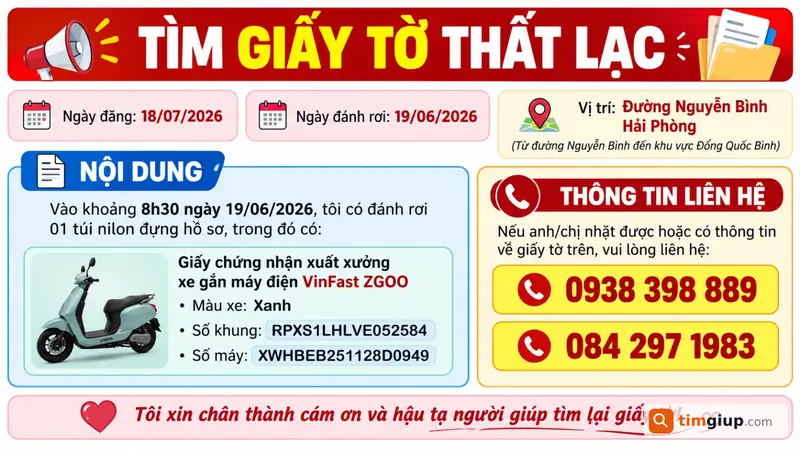 Mất Phiếu Kiểm Tra Chất Lượng Xuất Xưởng Xe Máy Vinfast Zgoo