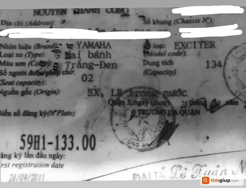 Tìm giấy đăng ký xe (cavet xe) biển số 59H1-133.00 tại Củ Chi, TP.HCM