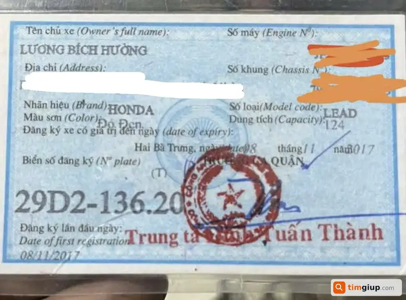 Tìm giấy đăng ký xe tên Lương Bích Hường tại Bắc Từ Liêm, Hà Nội