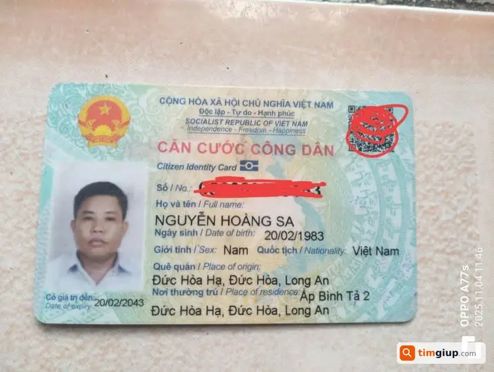 Tìm ví chứa CCCD Nguyễn Hoàng Sa thất lạc tại Đức Hòa Hạ