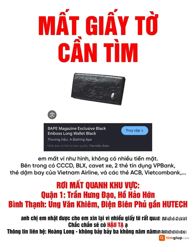Tìm Ví Giấy Tờ Mang Tên Lê Hoàng Long Tại Quận 1, Tp.hcm