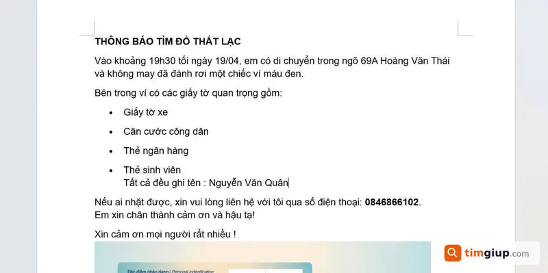 Tìm lại đồ thất lạc không rõ tại khu vực chưa xác định