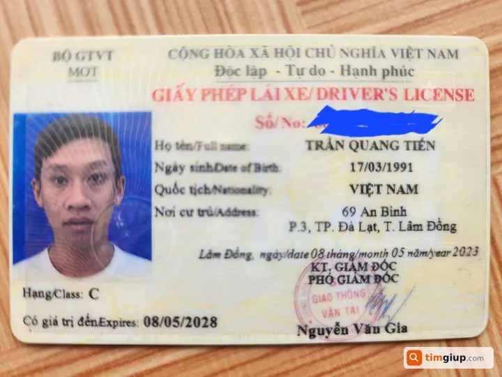 Mất CCCD và bằng lái tên Trần Quang Tiến tại Bảo Lộc