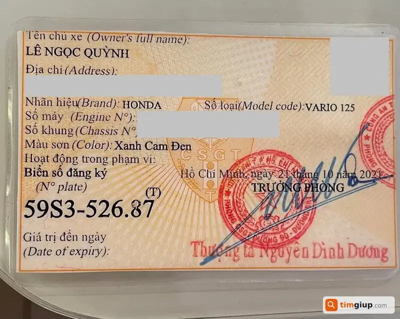 Tìm giấy đăng ký xe mang tên Lê Ngọc Quỳnh