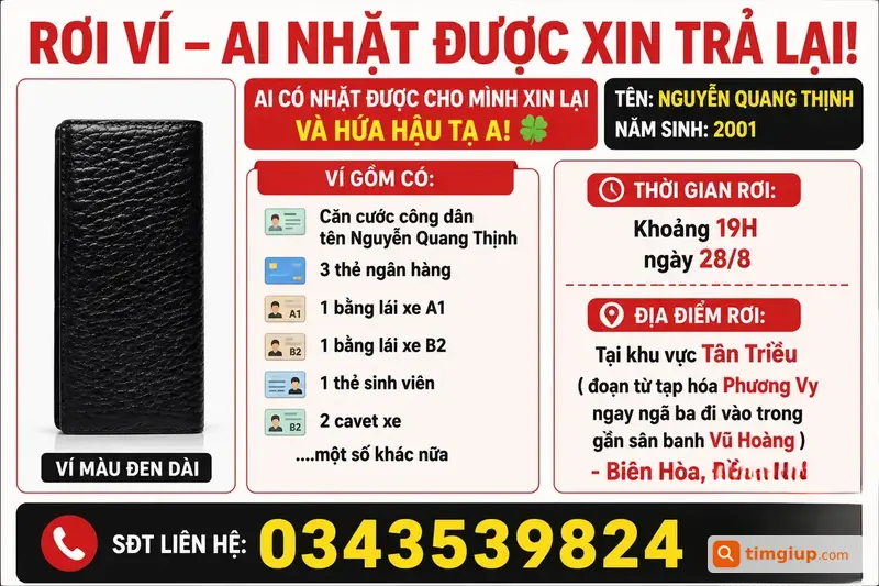 Rơi Ví Đen Tên Nguyễn Quang Thịnh Tại Tân Triều, Đồng Nai