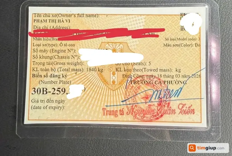 Tìm đăng ký và đăng kiểm xe ô tô tên Phạm Thị Hà Vi
