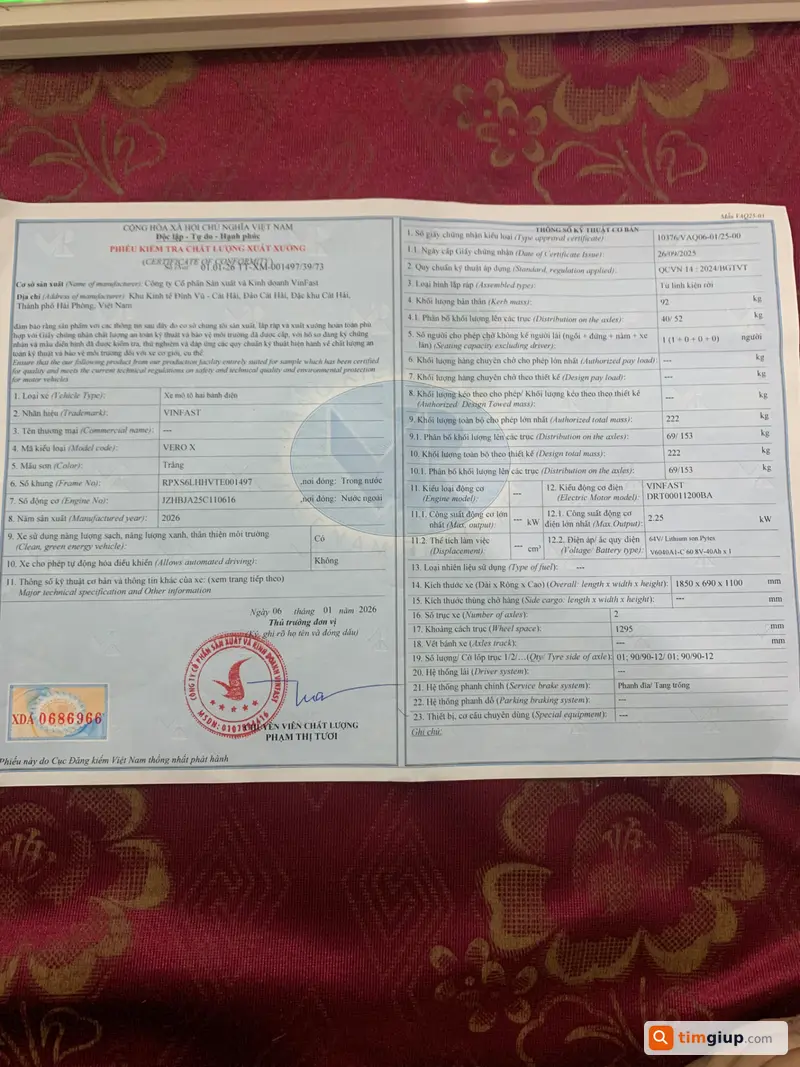 Tìm phiếu xuất xưởng xe máy điện vinfast