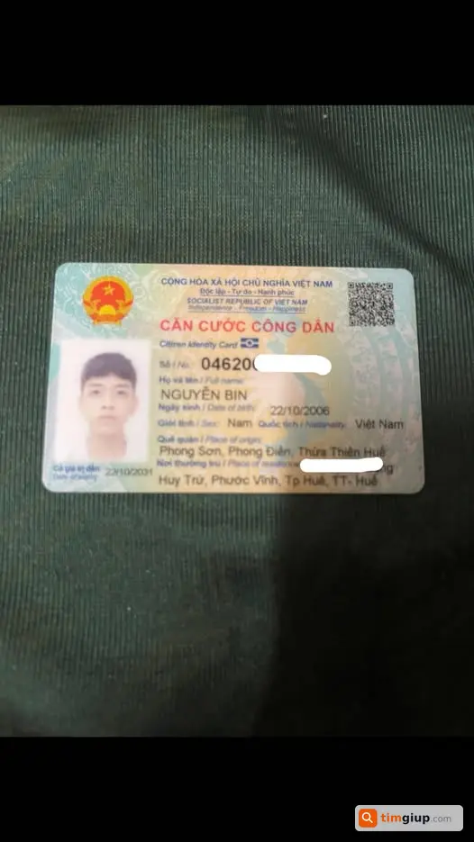 Tìm CCCD tên Nguyễn Bin rơi tại Ngự Bình – Hồ Đắc Di, Huế