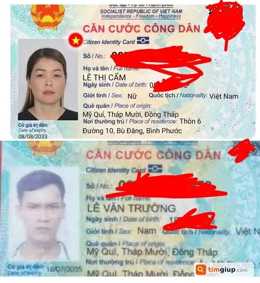 Mất 2 CCCD tên Lê Thị Cẩm, Lê Văn Trường tại Tháp Mười