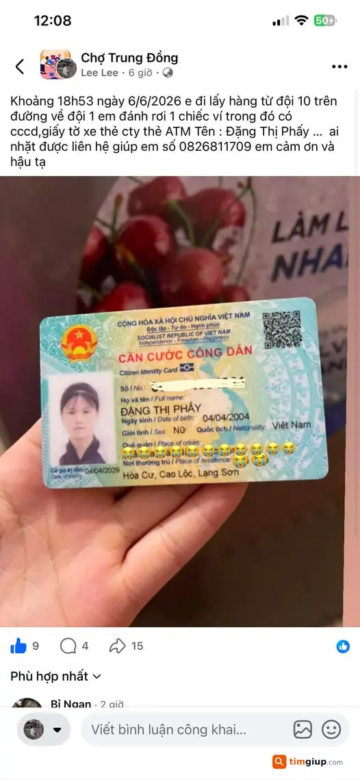 Tìm ví thất lạc có CCCD, bằng lái khu vực đội 10 về đội 1