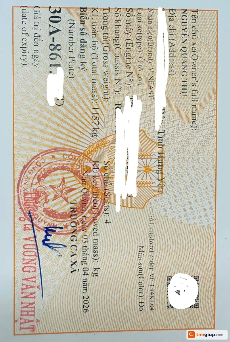 Tìm giấy đăng ký xe mang tên Nguyễn Quang Thụ tại Hà Nội