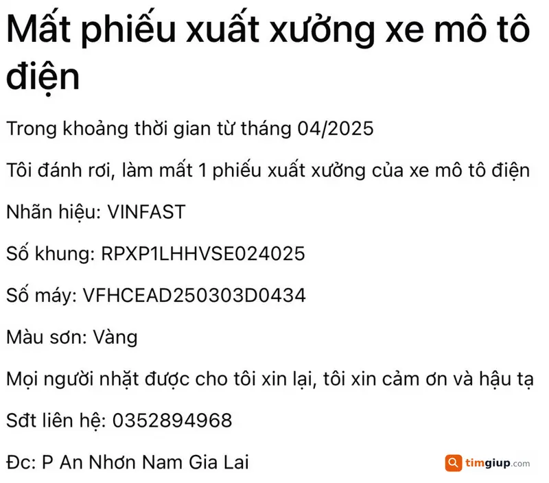 TÌM GIẤY TỜ BỊ MẤT- PHIẾU XUẤT XƯỞNG