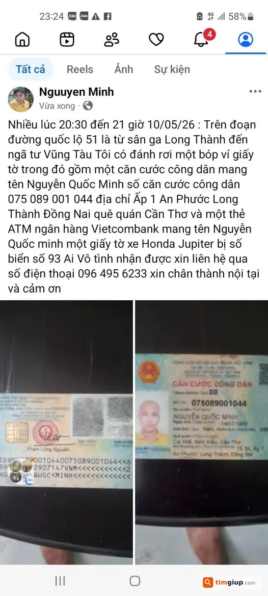 Tìm ví giấy tờ và thẻ ATM rơi trên QL51 Đồng Nai