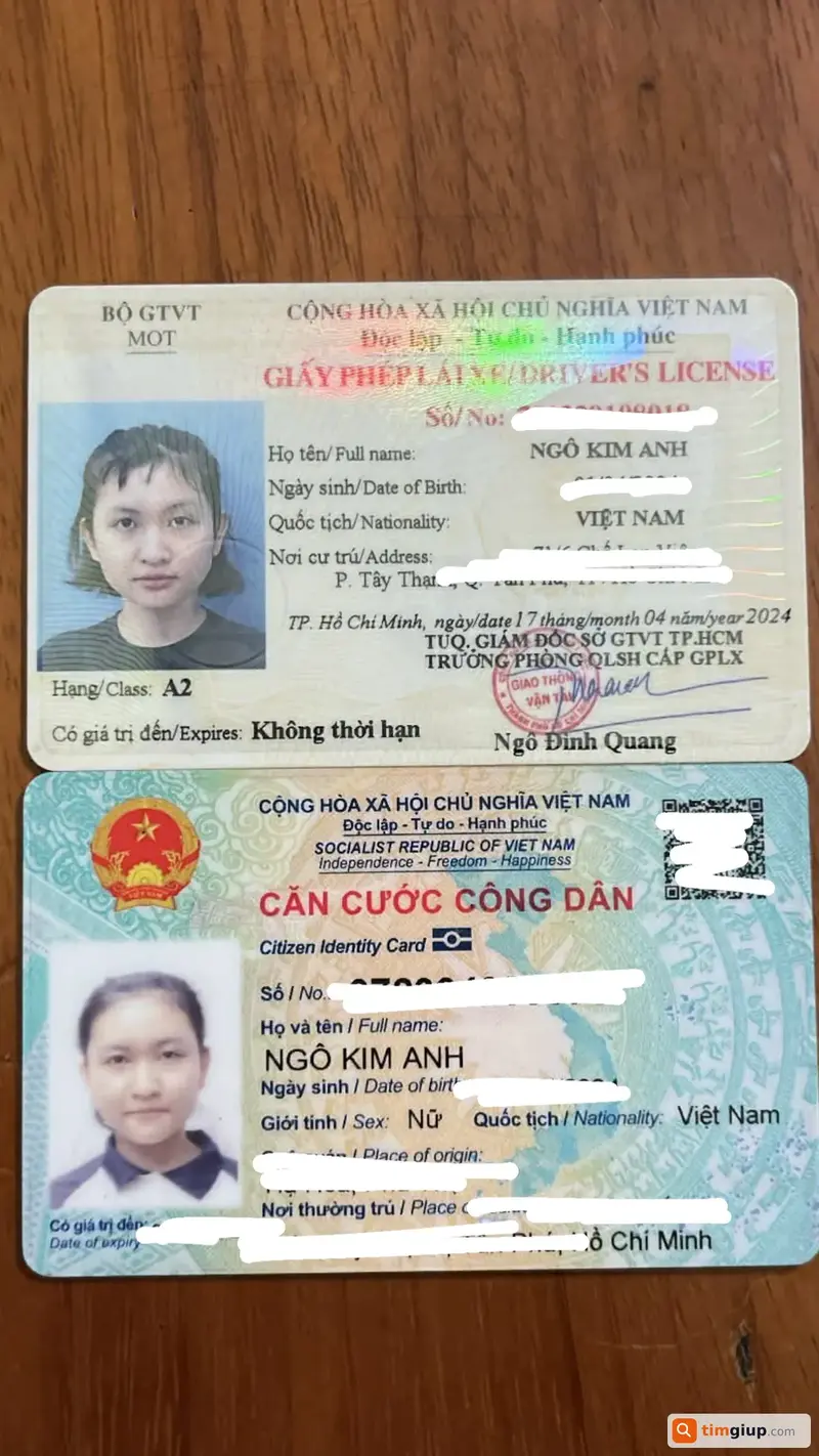 Tìm sấp giấy tờ tùy thân tên Ngô Kim Anh tại Tân Phú, TP.HCM