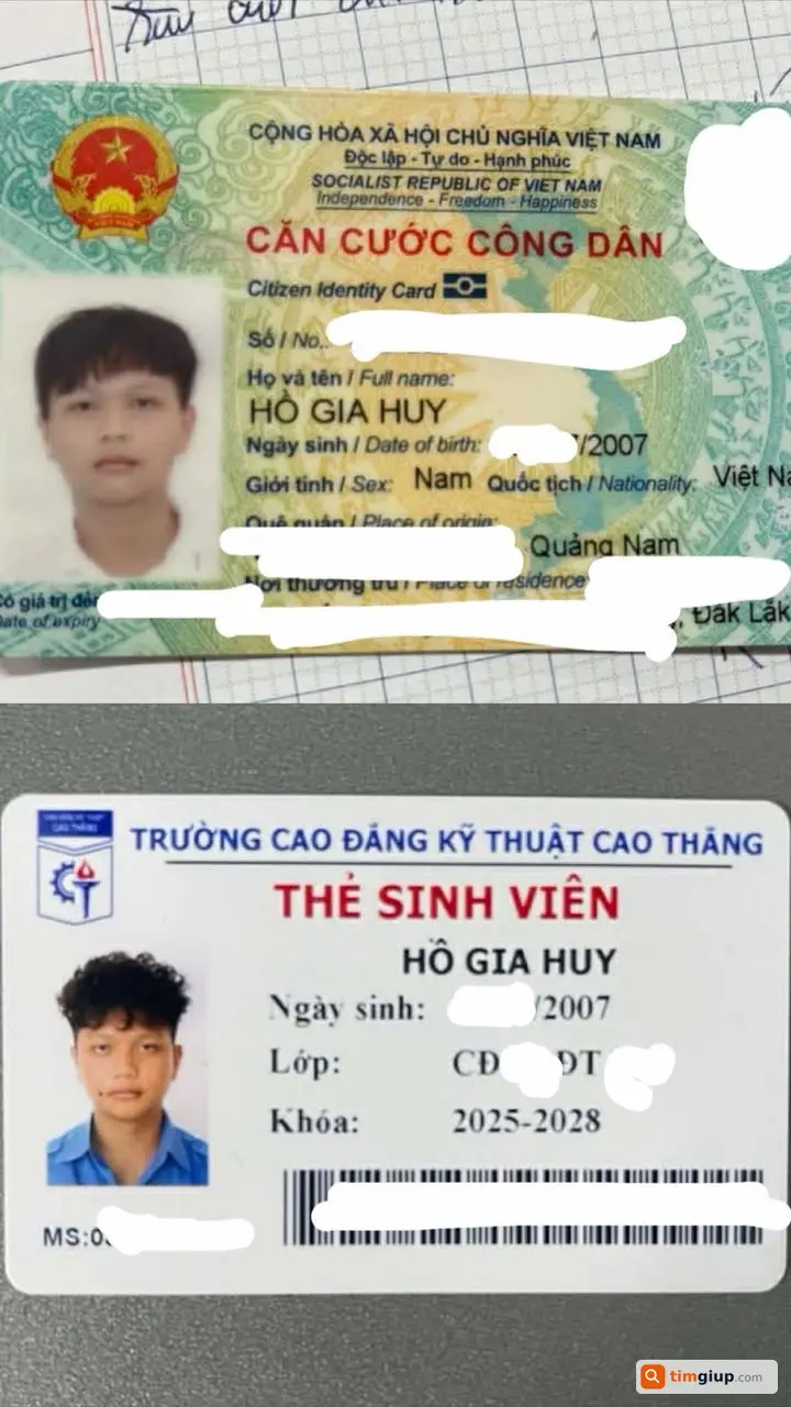 Rơi ví giấy tờ tên Hồ Gia Huy tại TP.HCM ngày 19/4