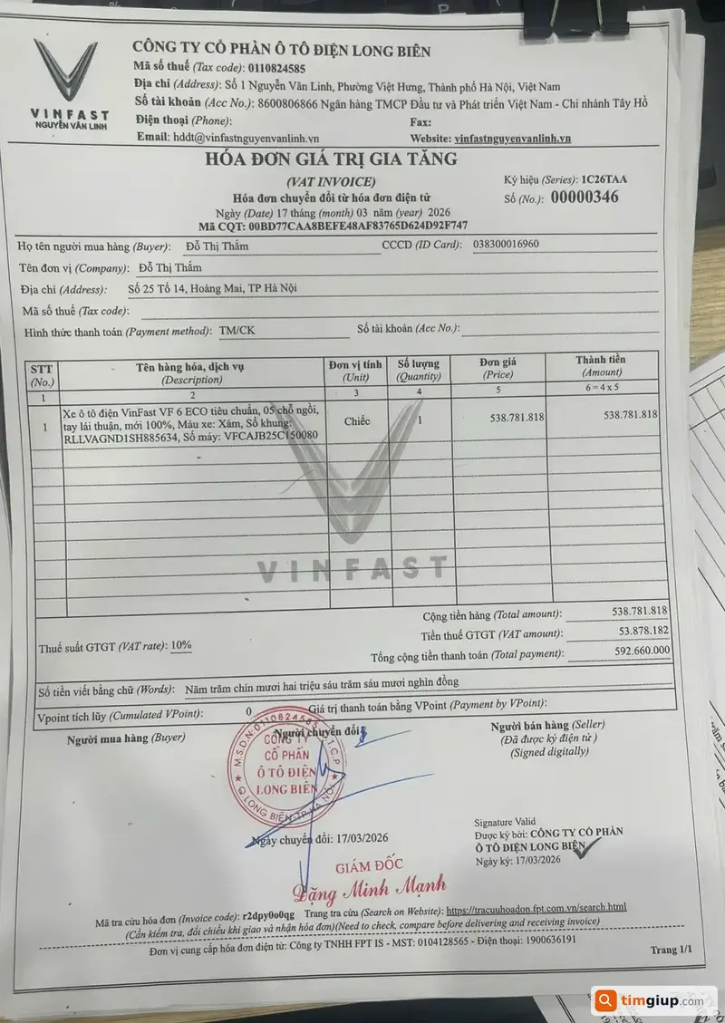 Rơi giấy tờ xe ô tô VinFast tại Hưng Yên