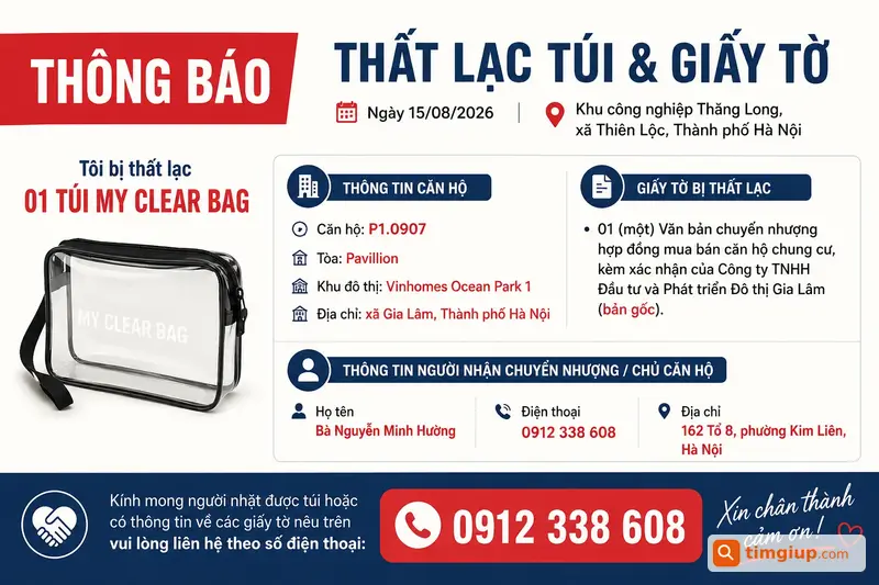 Thông Báo Tìm Giấy Tờ Rơi (lần 1) Rơi Tại Khu Công Nghiệp Thăng Long
