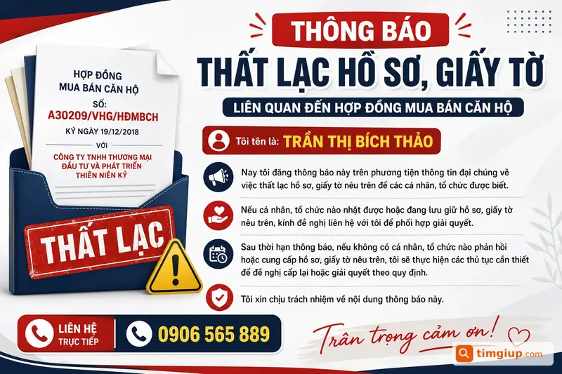 Thông Báo Thất Lạc Hồ Sơ Hợp Đồng Mua Bán Căn Hộ A30209-Vhg-Hđmbch